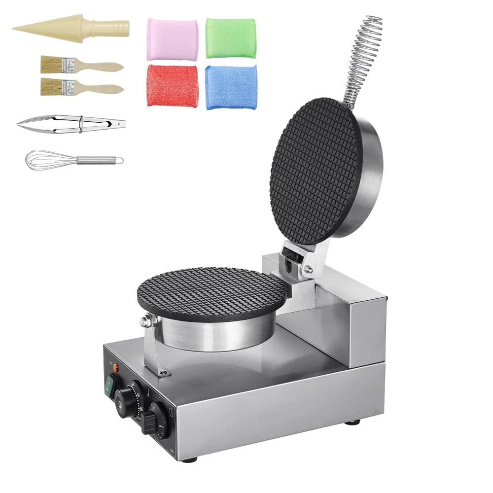 KFFKFF Electric Waffle Cone Maker,1230W Commercial Ice Cream Cone Machine,Durable Non-Stick Stainless Steel,Adjustable Temp & Timer,with Handle,Ideal for Cafes,Bakeries,Home Use