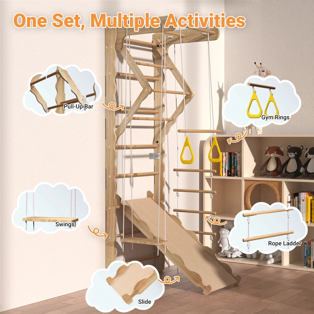 MulinsonFly 5-in-1 Swedish Ladder Wall Set-Montessori Indoor Jungle Gym for Kids 3-8, Wooden Climbing Toy with Pull-up Bar, Swing & Slide, 330lbs Capacity - Image 4