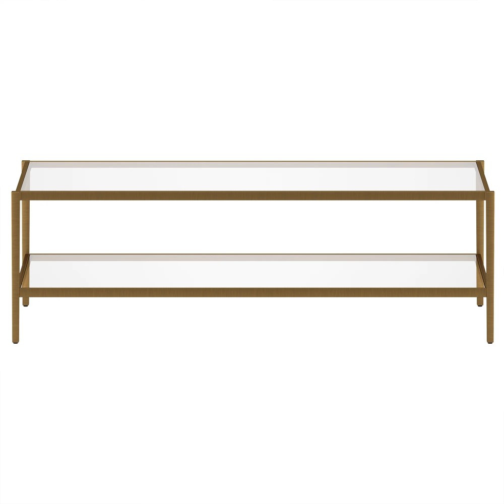 Evelyn&Zoe Hera 54" Wide Rectangular Coffee Table with Glass Shelf, Antique Brass - Image 4