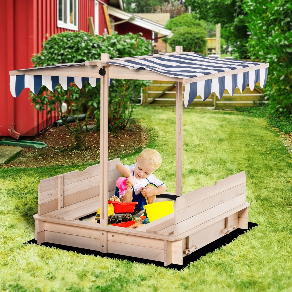 Outsunny Covered Sandbox with Lid & Adjustable Canopy for Kids,  Wooden
