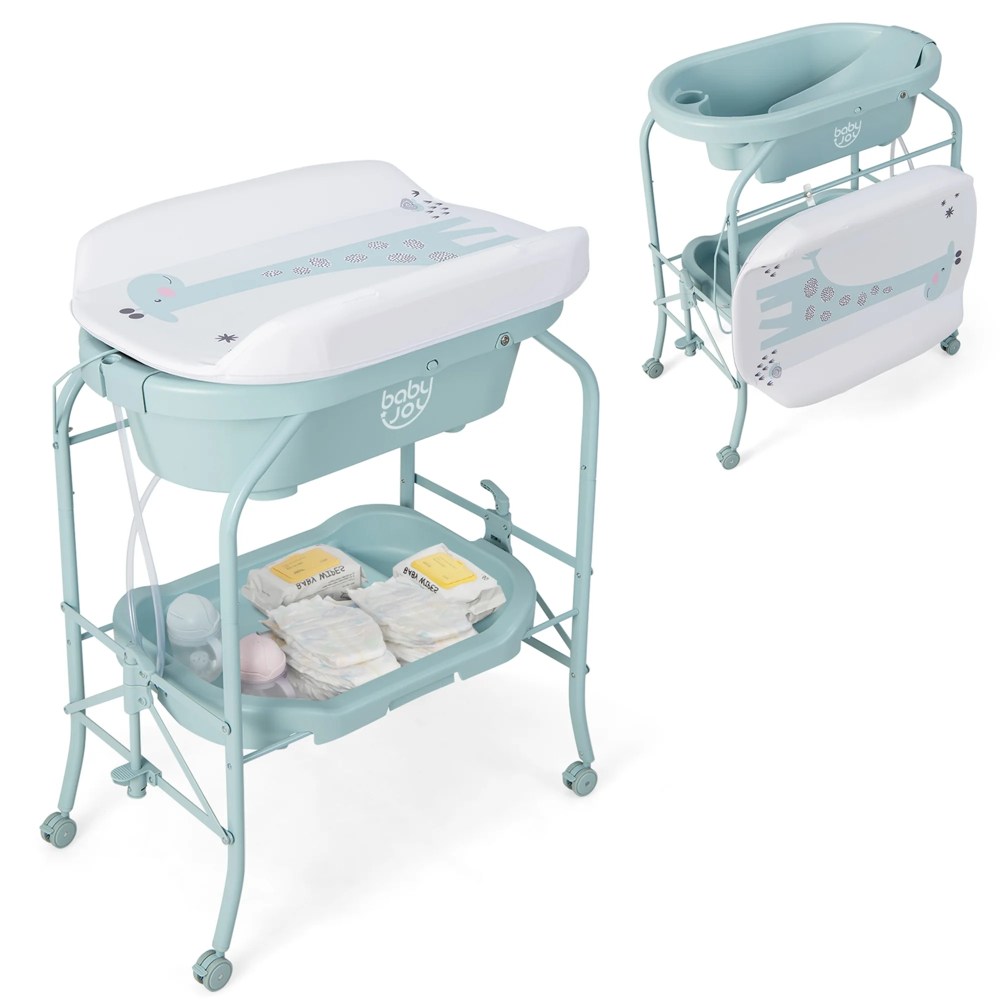 Babyjoy Changing Table with Bathtub Folding Portable Diaper Station Steel 0-12 Months PP Blue