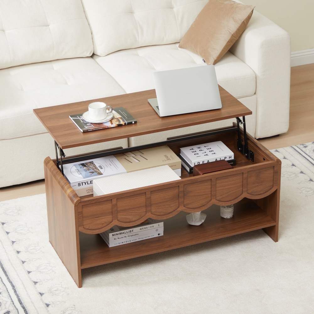 Wirrytor Lift Top Coffee Table with Storage for Living Room,Oval Coffee Table with Hidden Compartment and Open Shelf,Modern Center Table with Wave Edge Design and Hydraulic Lift