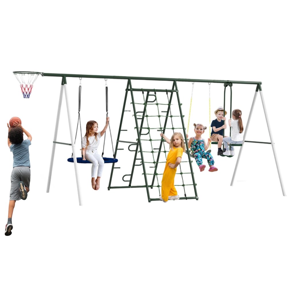 Aukfa 7 in 1 Kids Swing Set with Slide, Outdoor Heavy-Duty Metal Playset with Climbing for Backyard, Blue