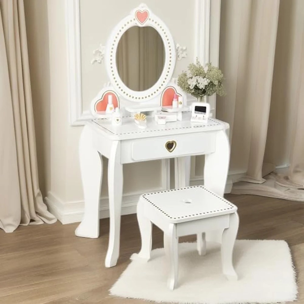 WoodenEdu Kids Vanity Set with Mirror and Stool,Beauty Makeup Vanity Table and Chair Set, White