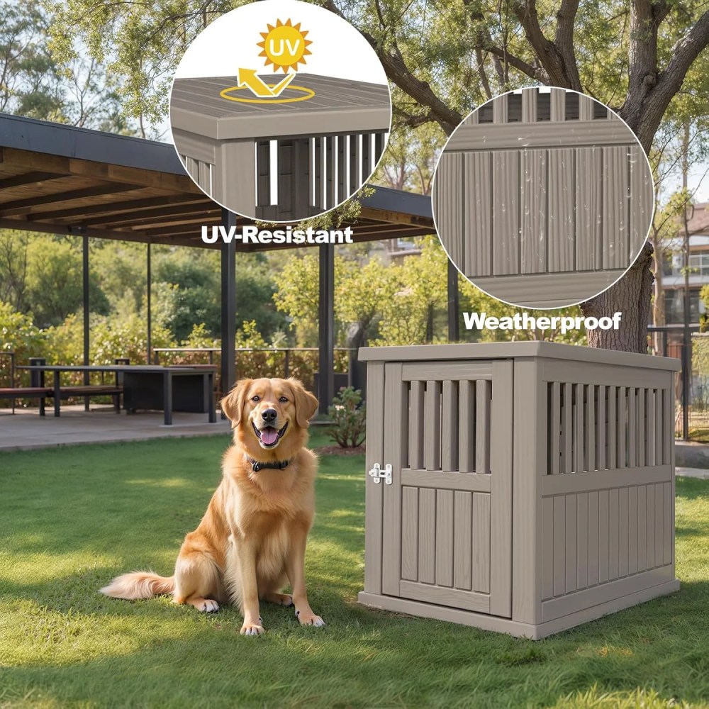 30x21x25in Heavy-Duty Resin Dog Crate for Large Dogs-Weatherproof, Ventilated, Lockable Door Indoor/Outdoor Portable Kennel (Light Coffee) - Image 8