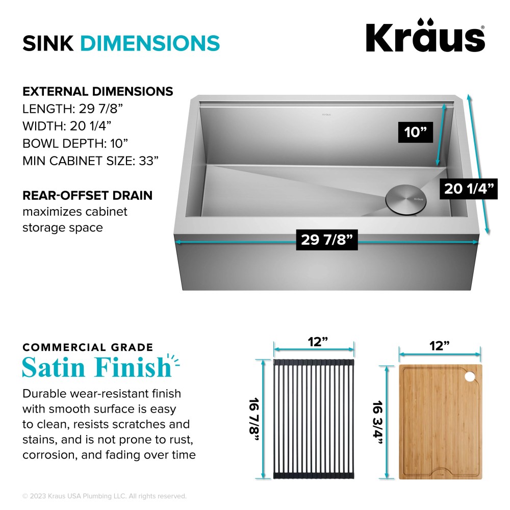 KRAUS Kore Workstation 30-inch Farmhouse Flat Apron Front 16 Gauge Single Bowl Stainless Steel Kitchen Sink with Accessories (Pack of 5) - Image 2
