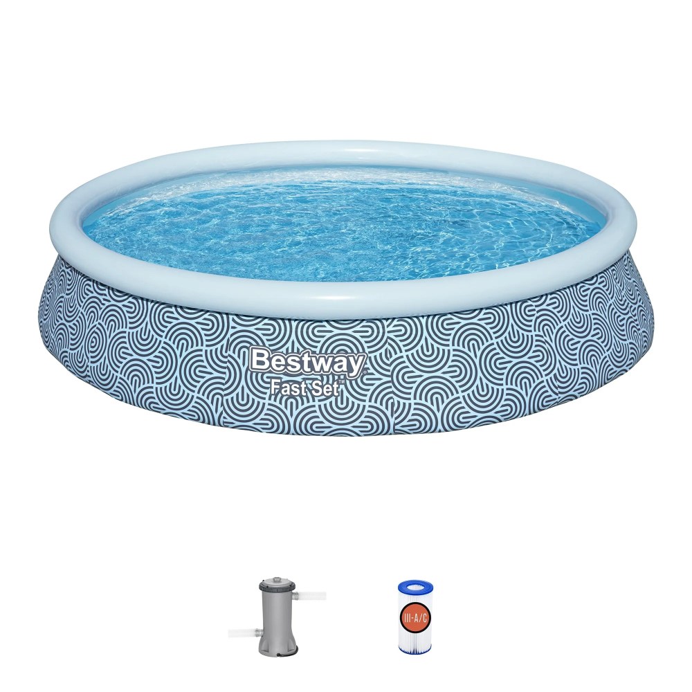 Bestway: Fast Set - 13" x 33" Inflatable Round Pool Set, Blue Abstract, Above Ground Swimming, Fill & Rise, Tritech Construction, Filter Pump, Family