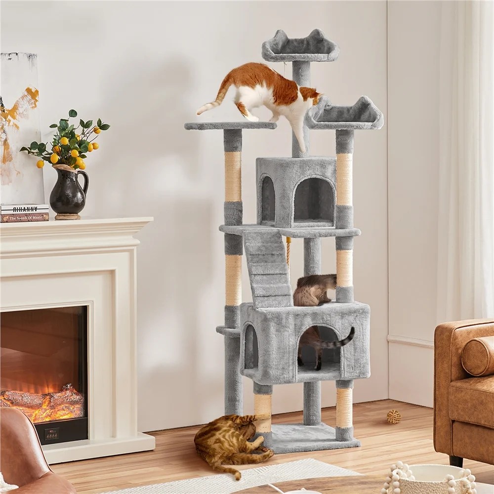 Alden Design 72" H Multi-Level Large Cat Tree with 2 Cozy Perches for Medium Cats, Light Gray - Image 5