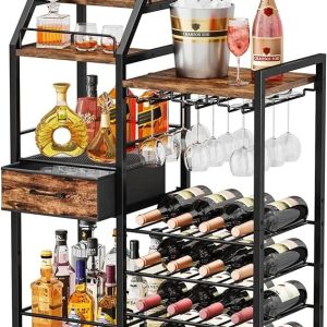 Wine Rack Freestanding Floor - 4-Tier Stepped Liquor Cabinet Bar Stand for Home with Fabric Drawer,Wine & Glass Organizer for Living Room,Kitchen,or Dining Room