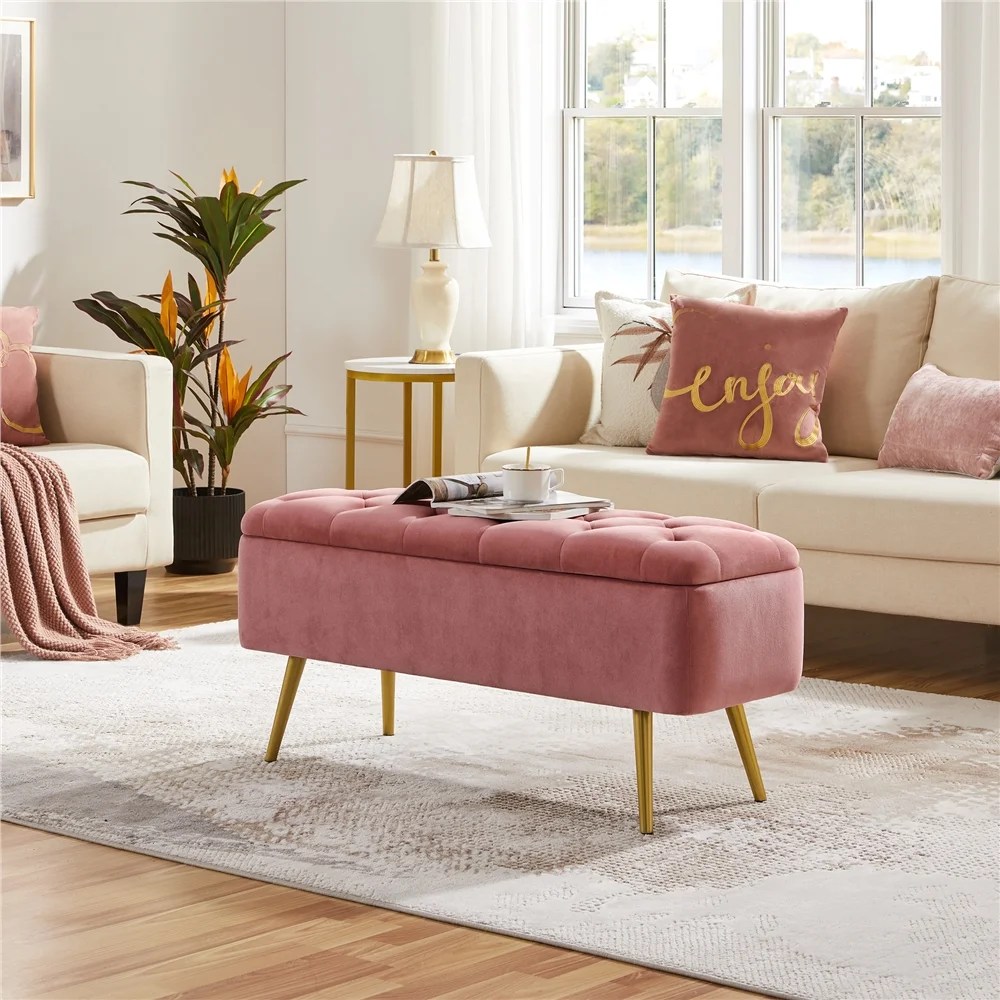 Alden Design Modern Velvet Upholstered Storage Accent Bench,Pink