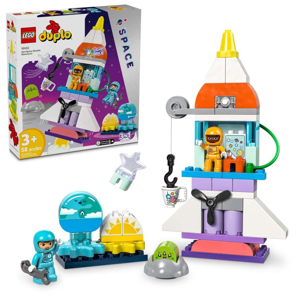 LEGO DUPLO 3 in 1 Space Shuttle Adventure Rocket Ship Building Set, Kids Educational Space Discovery Toy for 3-Year-Olds and Up, Develops Preschool Kids' Learning and Fine Motor Skills, 10422