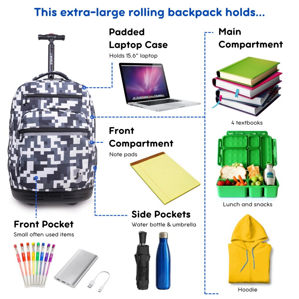 J World Unisex Sundance 20" Rolling Backpack with Laptop Sleeve for School and Travel, Camo - Image 7