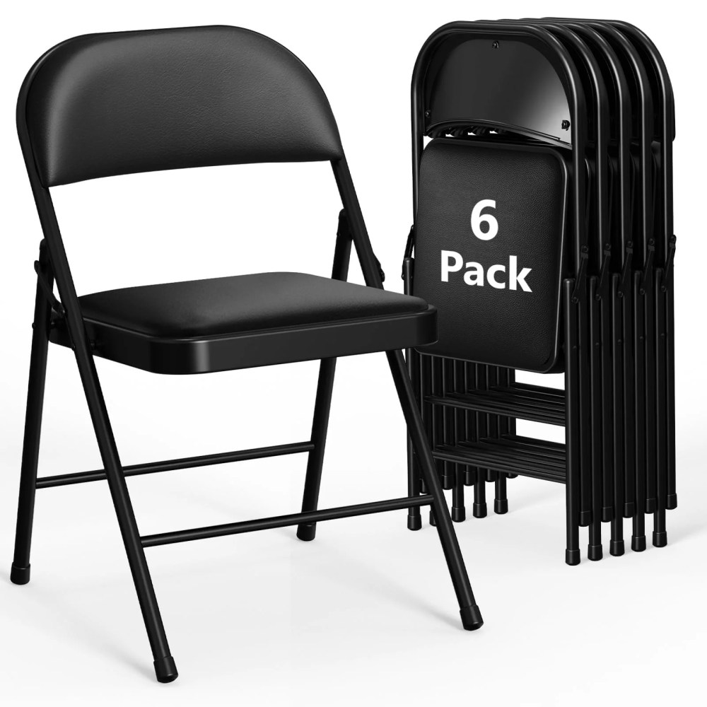 WASUHE Padded Folding Chairs Set of 6,Portable Lightweight Stackable Chairs for Office,Party,Wedding & Events,Black Leather