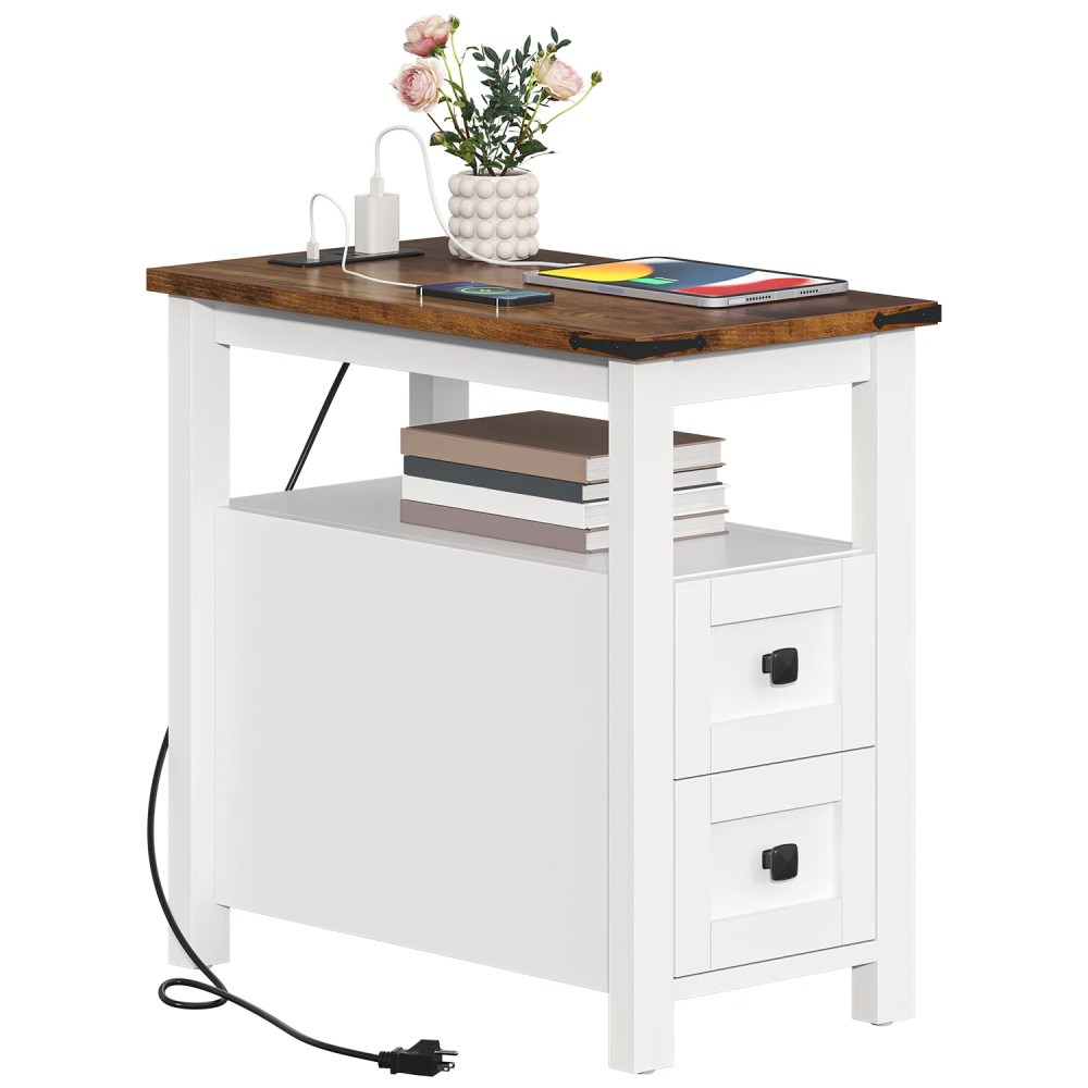 VVFLU Farmhouse End Table with Charging Station,White Nightstand Narrow,Skinny Slim Small,Bedroom