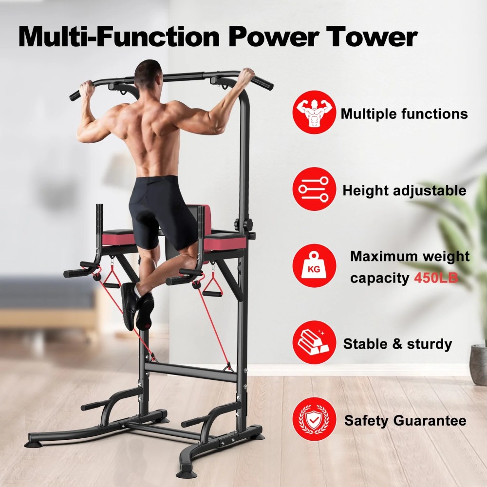 AQUVII Pull Up Rack Bar, 450 LBs Power Tower Dip Bar Station Dip Stand Multi-Function Home Strength Training Fitness Workout Station for Home Gym - Image 5