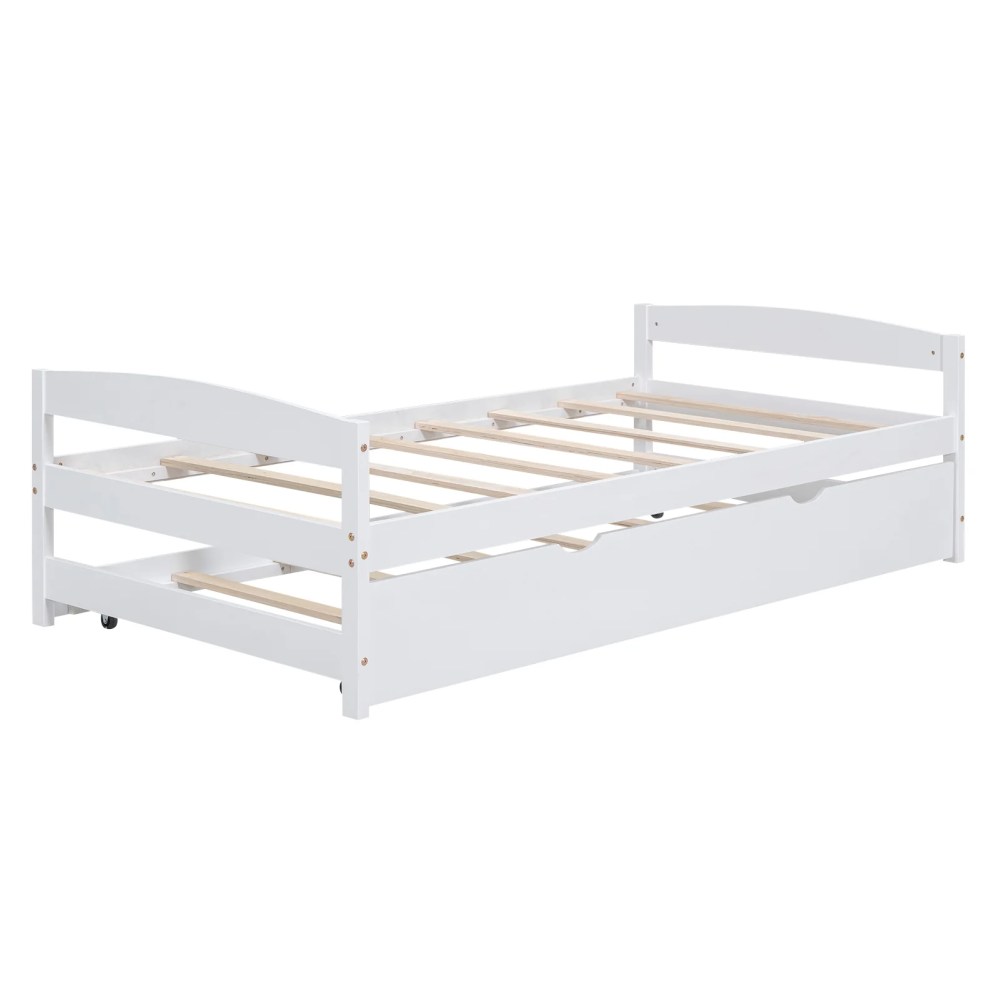 Euroco Twin Size Platform Bed with Trundle, Low Profile Easy Assembly Wood Daybed, White - Image 9