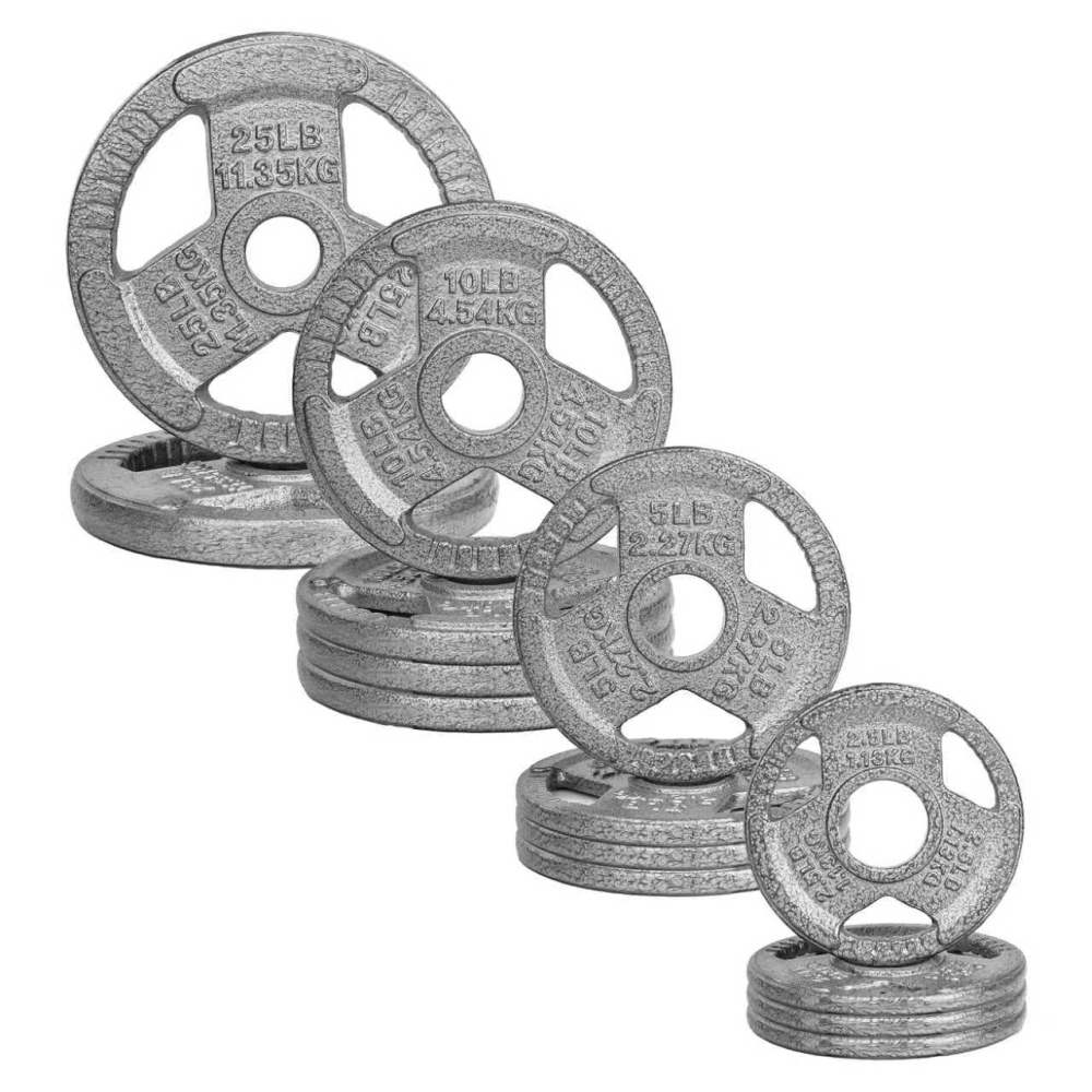 Signature Fitness 120LB Olympic Cast Iron Tri-Grip Weight Plate Set, Light Gray with Gray Lettering, 2-Inch Center Hole, Strength Training Plates for Home Gym