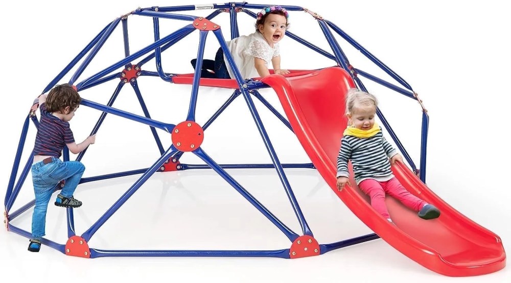 OLAKIDS 8FT Climbing Dome with Slide, Kids Outdoor Toys Jungle Gym Geodesic Climber, Steel Frame, 8FT Climb Structure Backyard Playground Center Equipment for Toddlers 3-8