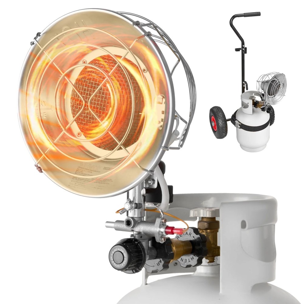 VEVOR Propane Tank Top Heater with Portable Trolley,15000 BTU Rapid Heating 180-Degree Infrared Radiant Tank Top Gas Heater for 20-40lb Propane Tanks, for Ice Fishing/ Hunting/Outdoor Single Burner