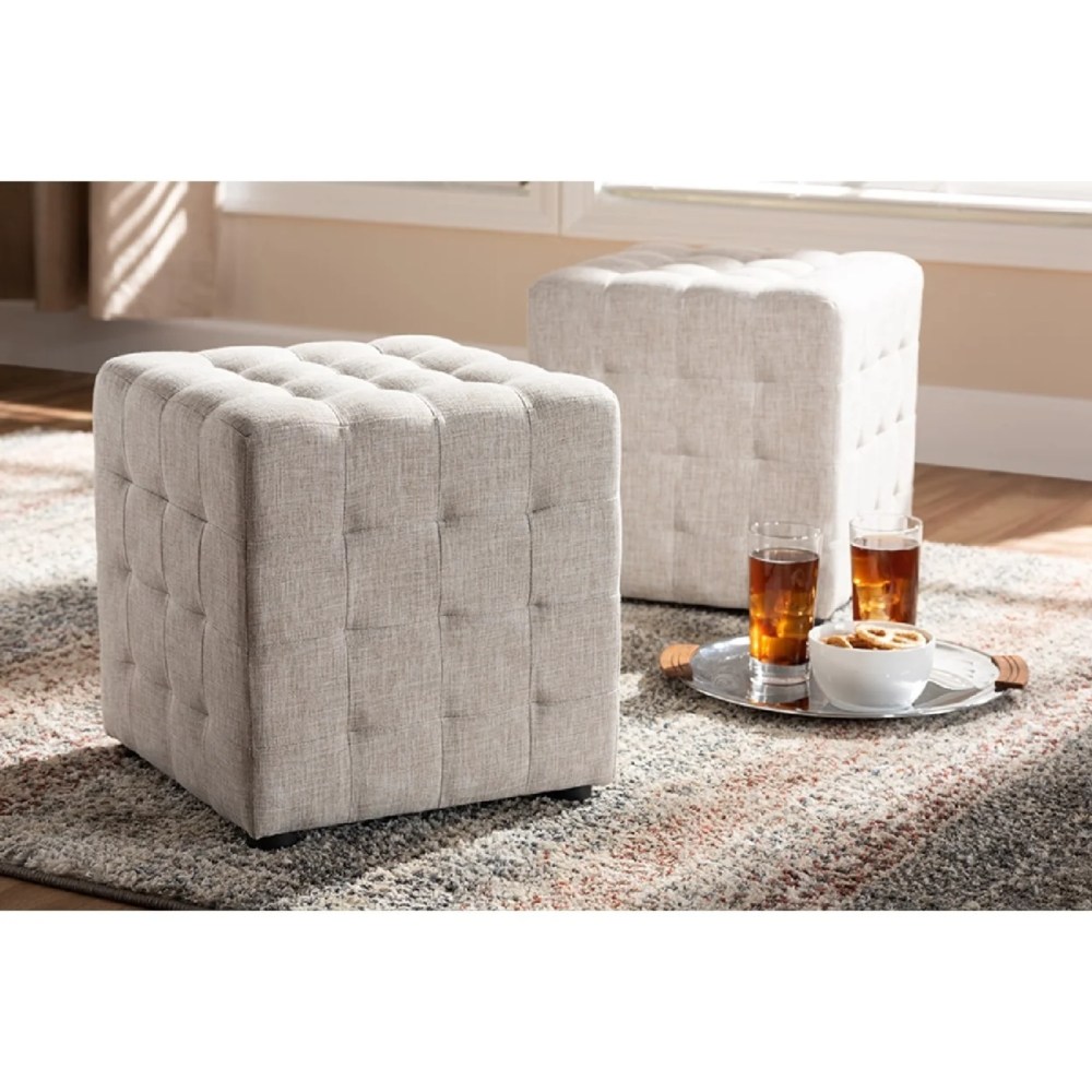 Baxton Studio Elladio Modern and Contemporary Beige Fabric Upholstered Tufted Cube Ottoman Set of 2 - Image 6