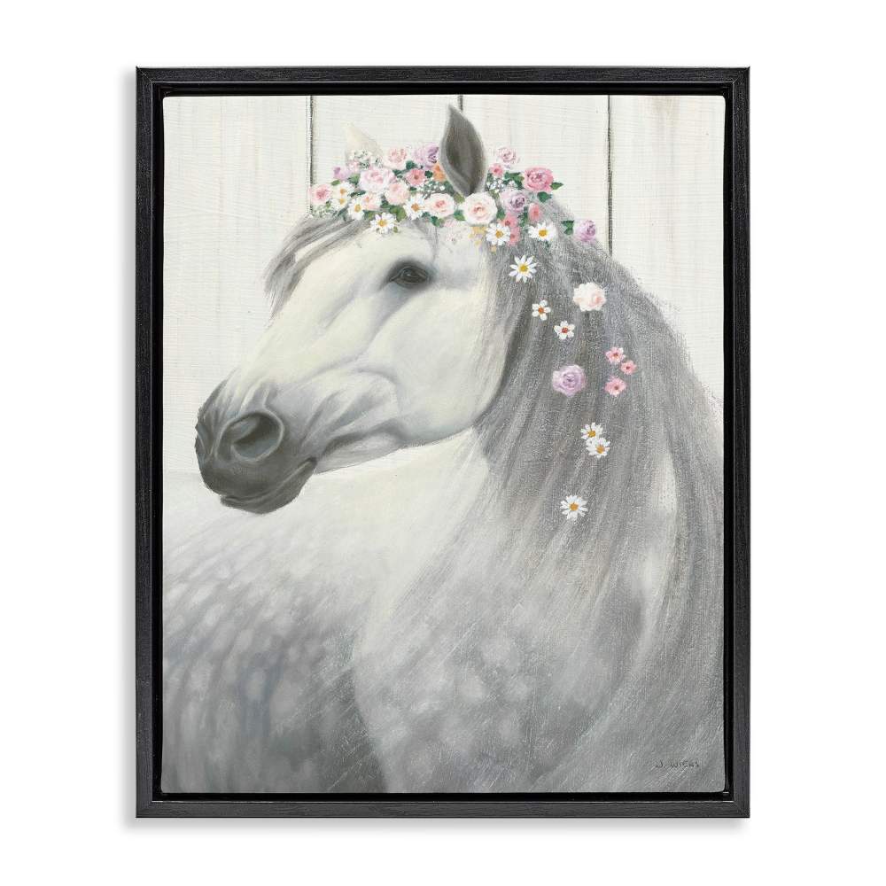 Stupell Industries Spirit Stallion Horse with Flower Crown Jet Black Framed Floating Canvas Wall Art, 1620, by James Wiens