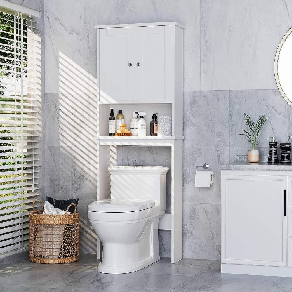 Sobaniilo Over The Toilet Storage Cabinet,Bathroom Storage Organizer Over Toilet,Space Saver W/Adjustable Shelf & Open Storage Shelf,White