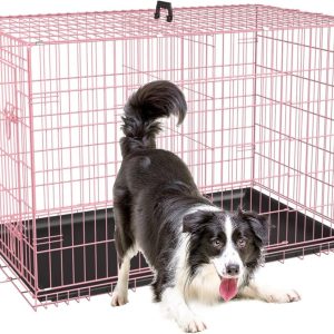 Dog Crates for Large Dogs 48 Inch Folding Mental Wire Crates Outdoor and Indoor Pet Dog Cage with Double-Door,  Divider Panel,  Removable Tray,  Pink