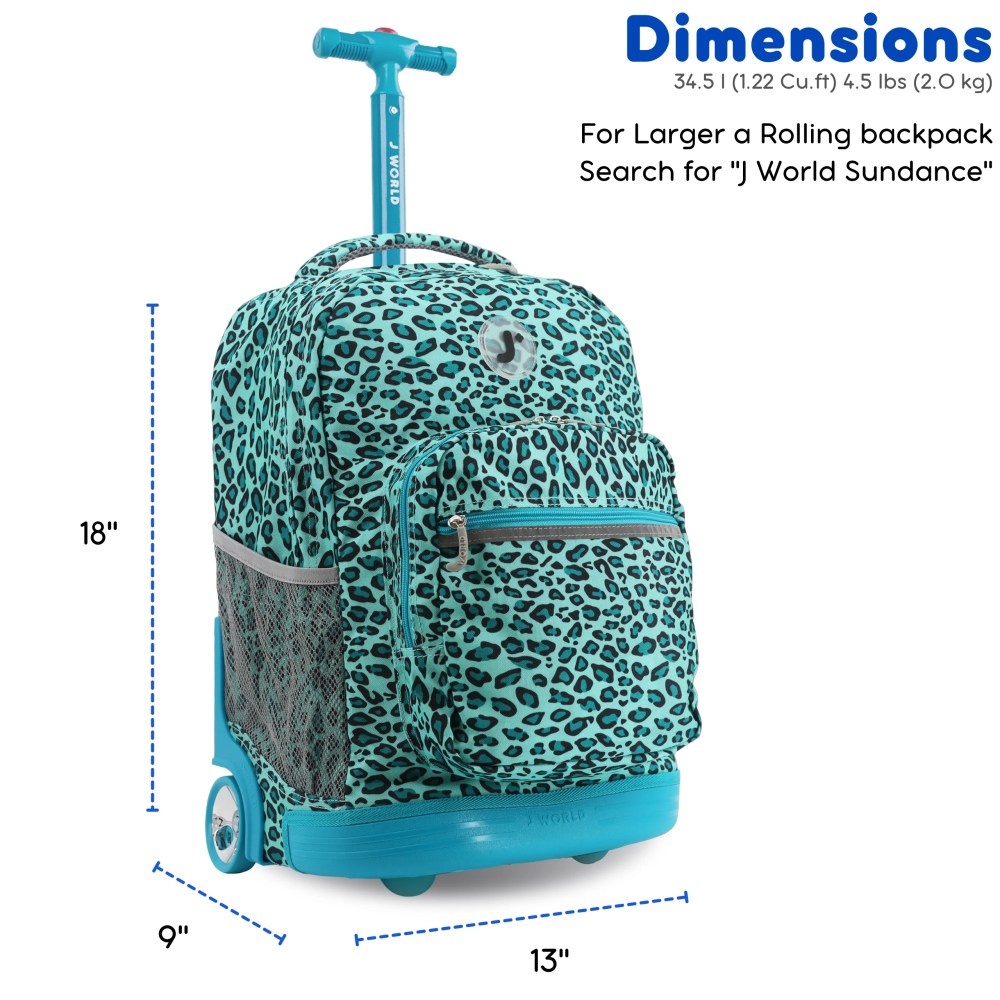 J World Girls Sunrise 18" Rolling Backpack for School and Travel, Mint Leopard - Image 6