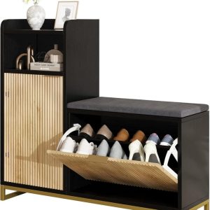 Vividwood 39" L-Shaped Shoe Storage Bench with Cushioned Seat,2 Flip Drawer & Wave Door & Adjustable Shelves for Entryway (Natural & Black)