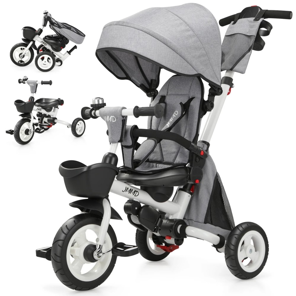 JMMD Baby Tricycle, 7-in-1 Folding Kids Trike with Adjustable Parent Handle, Safety Harness & Wheel Brakes, Removable Canopy, Storage, Stroller Bike Gift for Toddlers 18 Months - 5 Years, Gray