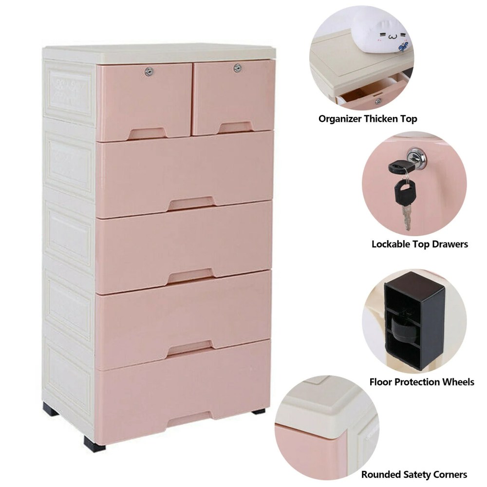 6 Closet Plastic Drawers Organizer Storage Cabinet Dresser Clothes Bedroom Pink 4 Large Drawers and Top 2 Small Cabinets Locker(with Keys)