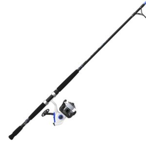 Zebco Salt Fisher Bite Alert Spinning Reel and Fishing Rod Combo, 7-Foot 2-Piece Rod, Size 60 Reel, Blue/White/Black