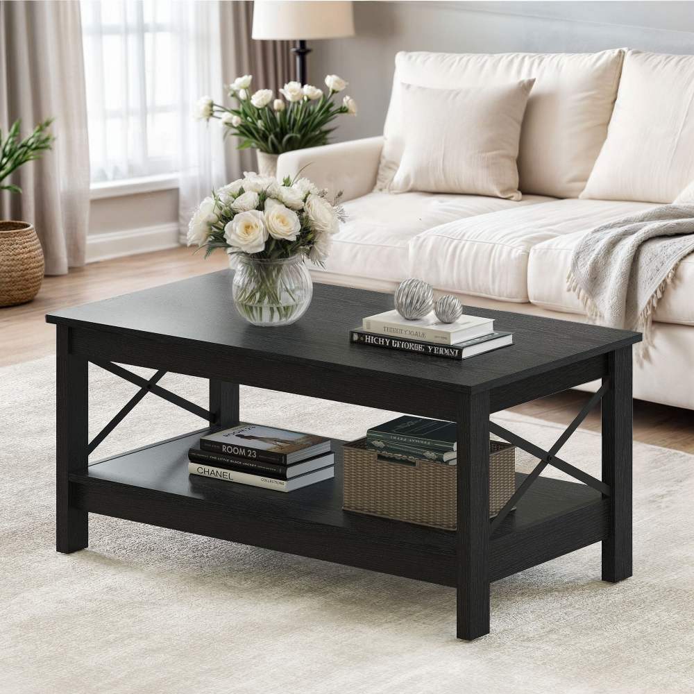 Wooflex Wood Farmhouse Coffee Table with 2-Tier Open Shelf-Black-Living Room & Home Office