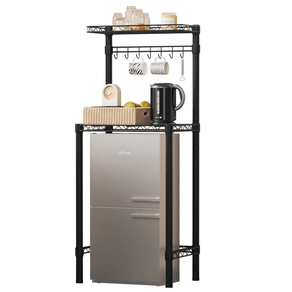 2-Tier Mini Fridge Storage Shelf Mini Fridge & Microwave Stand,Adjustable Metal Organizer Storage Rack with 7Hooks,Multifunctional Bakers Rack Coffee Bar Table for Kitchen Office Dorms Bedroom