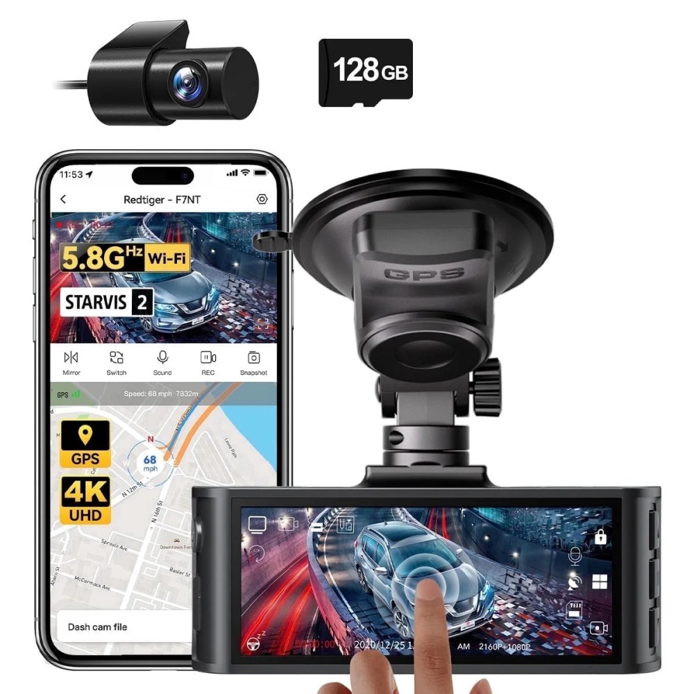 REDTIGER F7N Touch Dash Cam Front and Rear,  4K STARVIS 2 Dash Cam,  Free 128GB Card,  5GHz WiFi 20MB/s Download,  Voice Control,  Car Dash Camera with 3.18" Touch Screen,  GPS, Parking Mode,  Night V