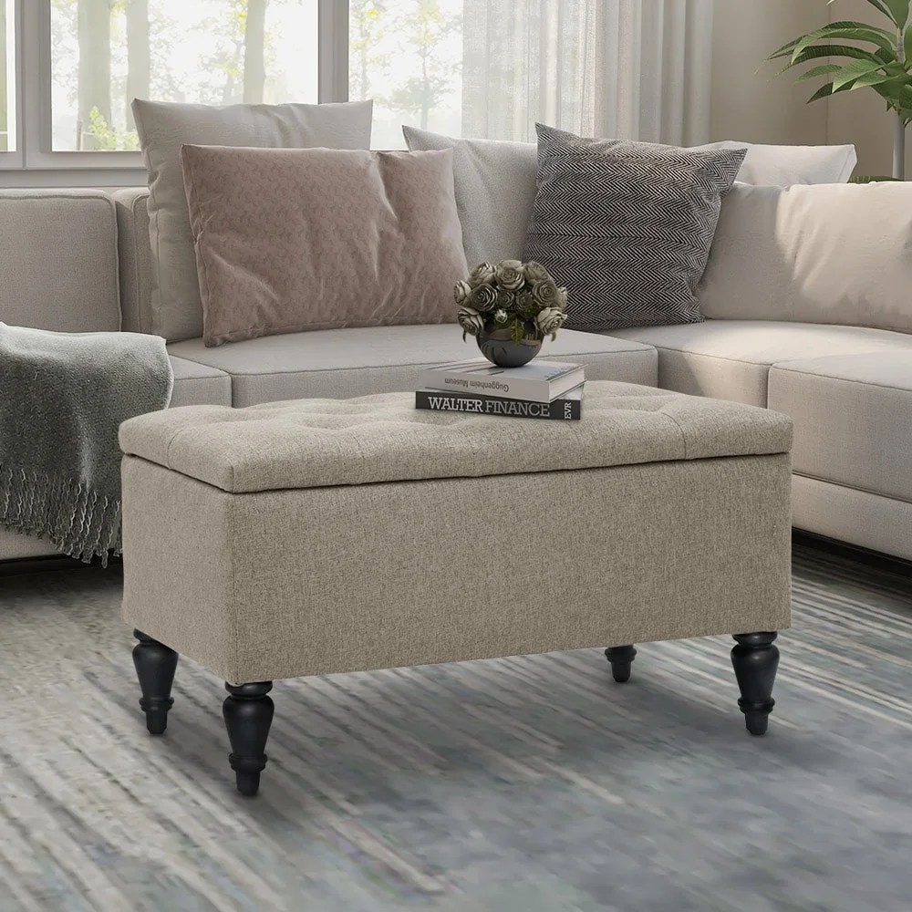 ABBLE 29 in. Beige Fabric Upholstered Storage Ottoman with Solid Wood Legs
