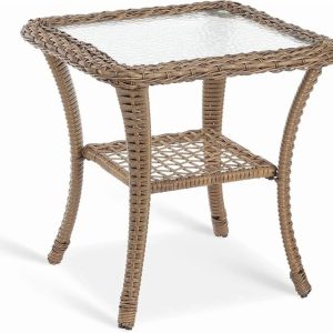 VIVIJASON Outdoor Wicker Side Table,All-Weather Rattan Patio Side Table Bistro Table with 2-Tier Storage,Tempered Glass Top Square End Table for Indoor,Balcony,Garden,Porch,Deck,Brown