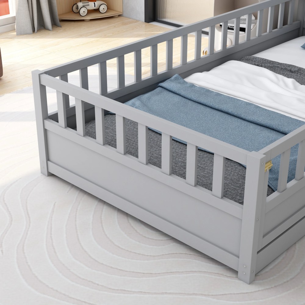 Euroco Twin Wood Floor Bed with Fence and Door, Low Wood Bed for Toddle Kids Teens, Gray - Image 6