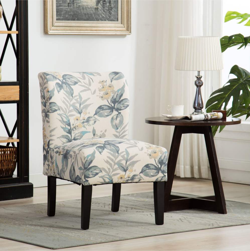 Roundhill Furniture Capa Print Fabric Armless Contemporary Accent Chair in Blue Leaves