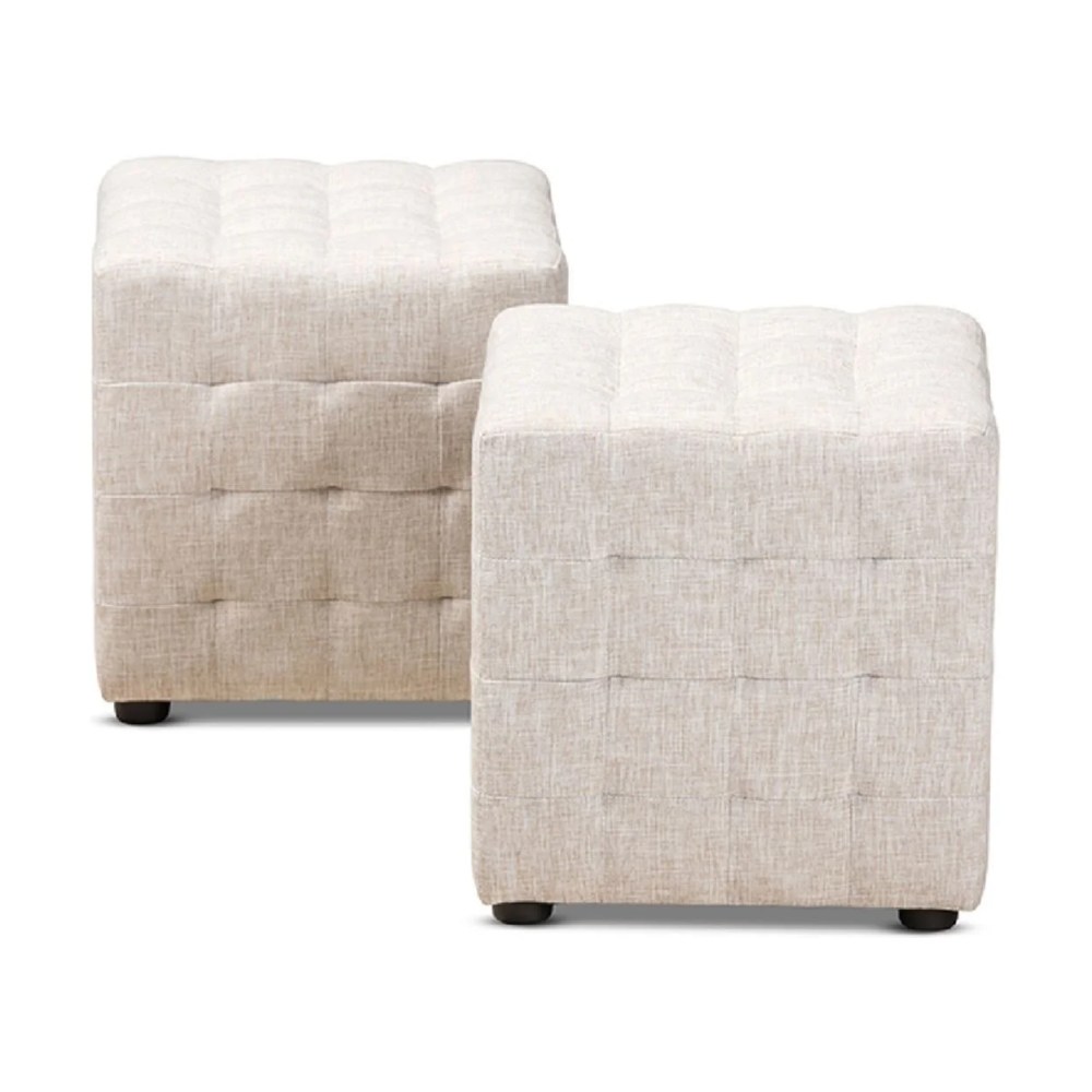 Baxton Studio Elladio Modern and Contemporary Beige Fabric Upholstered Tufted Cube Ottoman Set of 2 - Image 3