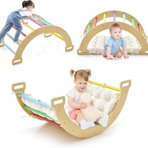 OLAKIDS 4 in 1 Arch Climbing Toys for Toddlers,  Montessori Wooden Arch Climber Ladder Structure and Rocker with Cushion Pad,  Waldorf Children Indoor Outdoor Gym Learning Playset for Kids Boys Girls
