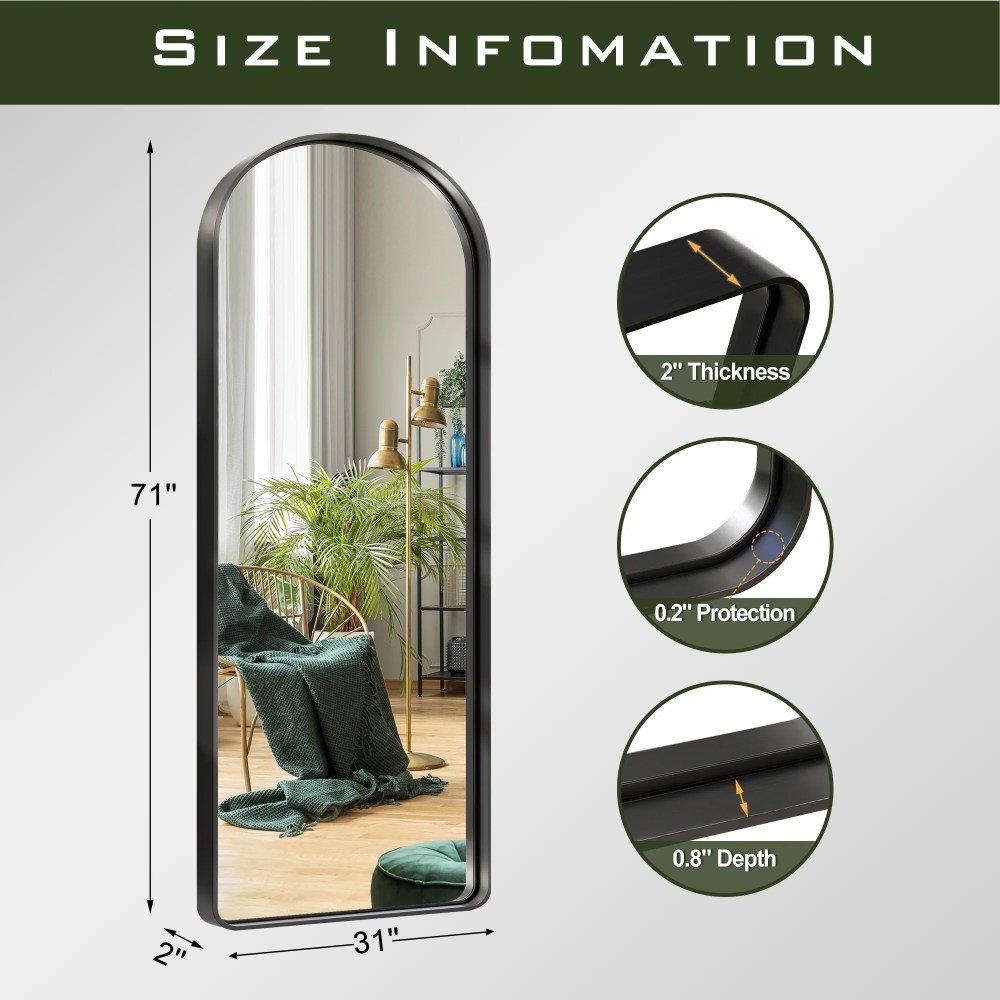 71"x32" Modern Arch Aluminum Frame Wall Mount Full Floor Mirror Without Bracket, Black - Image 2