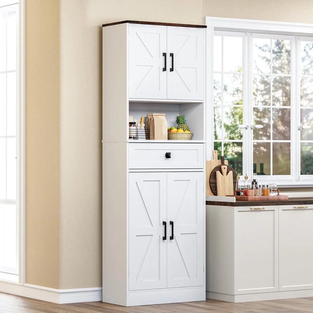 Winkalon 67" Kitchen Pantry Storage Cabinet with 4 Barn Doors & 2 Adjustable Shelves & 1 Drawer for Dining Room,Living Room, White