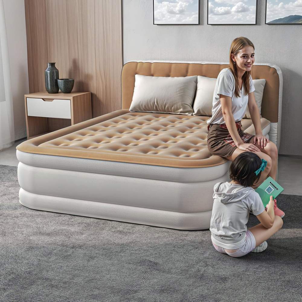 Uforic Queen Air Mattress with Pump and Integrated Headboard, 18in Flocked Top Inflatable Bed, Brown AirBed for Home & Guest Comfort
