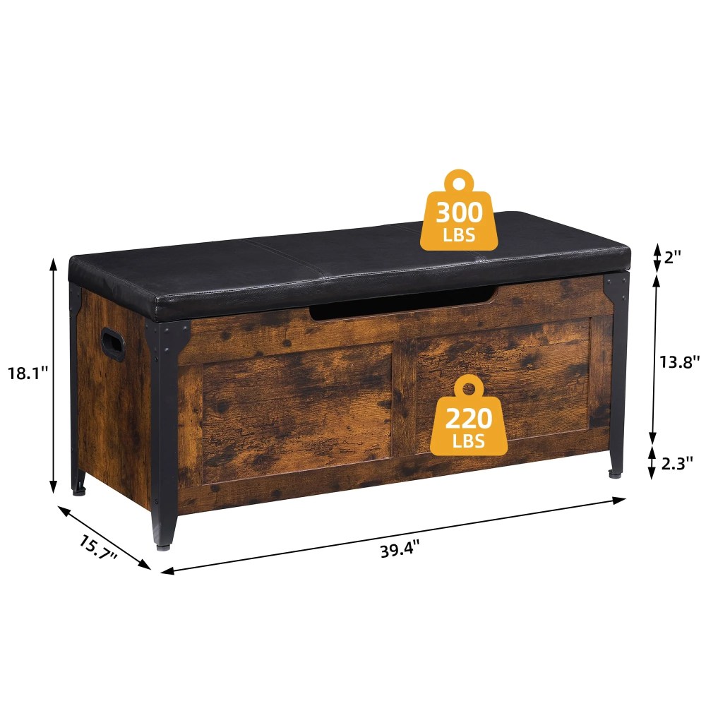 2024 New Wooden Storage Chest Bench, Leather Entryway Shoes Bench with Flip Top Storage Chest,Lift Top Storage Trunk with 2 Safety Hinges for Living Room Bedroom Entryway - Image 5