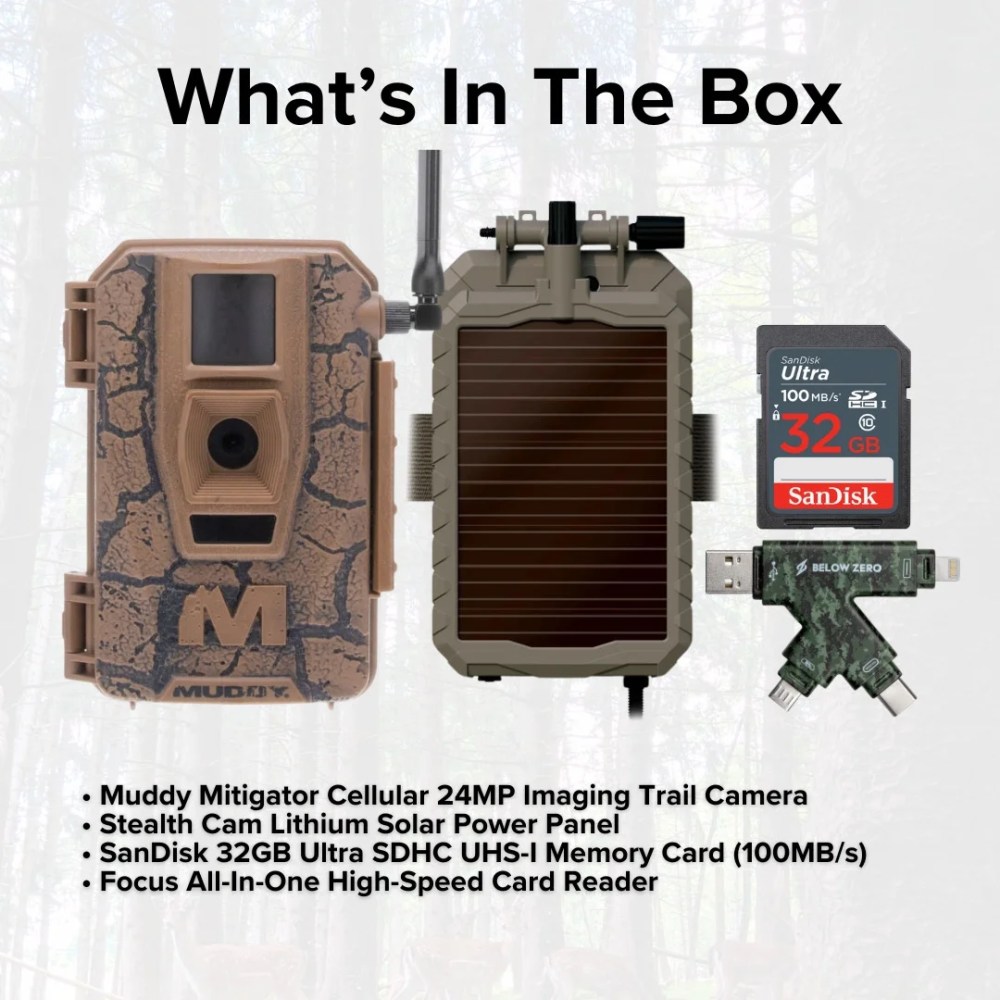 Muddy Mitigator Cellular 24MP Imaging Trail Camera with 80 Feet Detection and Flash Range Bundle with Solar Power Panel, 32GB Memory Card, and USB 2.0 Card Reader (4 Items) - Image 4