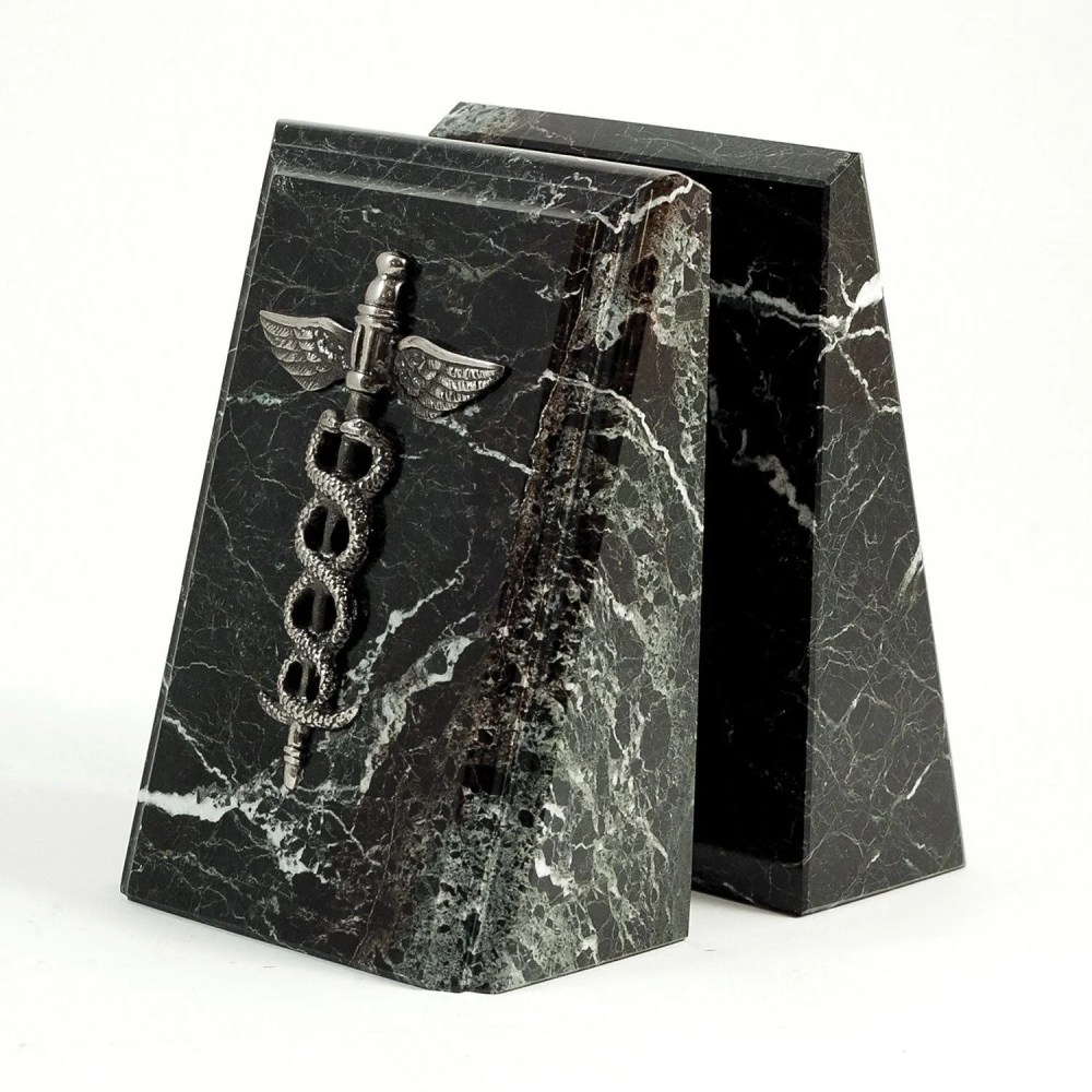 Bey-Berk Marble Fancy Beveled Medical Caduceus Book Ends 7.25"H Antique Silver/Black (R19M)