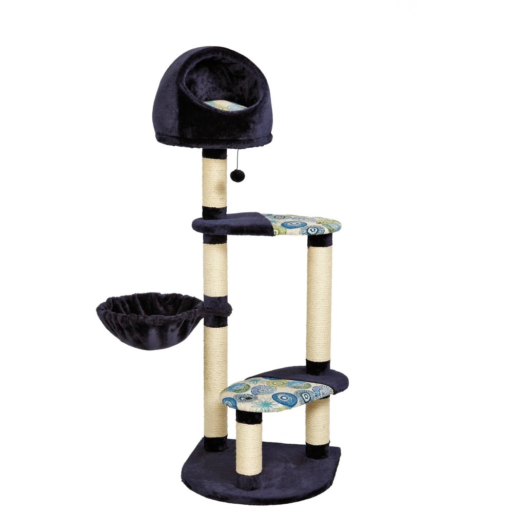 Cat Tree "Resort" Cat Tree / Cat Furniture, 4-Tier Cat Tree w/ Sisal Wrapped Cat Scratching Support Posts, Hanging Cat Bunker Bed & High Canopy Cat Perch, Blue / White Pattern, Large Cat Tree
