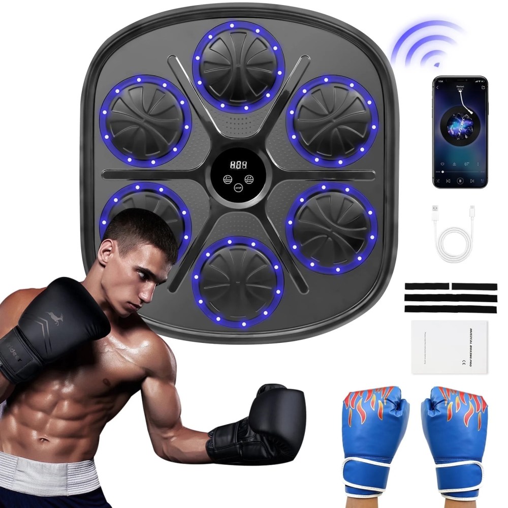 Music Boxing Machine with Blue Boxing Gloves,  Intelligent Boxing Machine,  Wall-Mounted Music Boxing Machine for Adults and Kids,  Punching Pad Equipment for Home,  Indoor,  and Gym