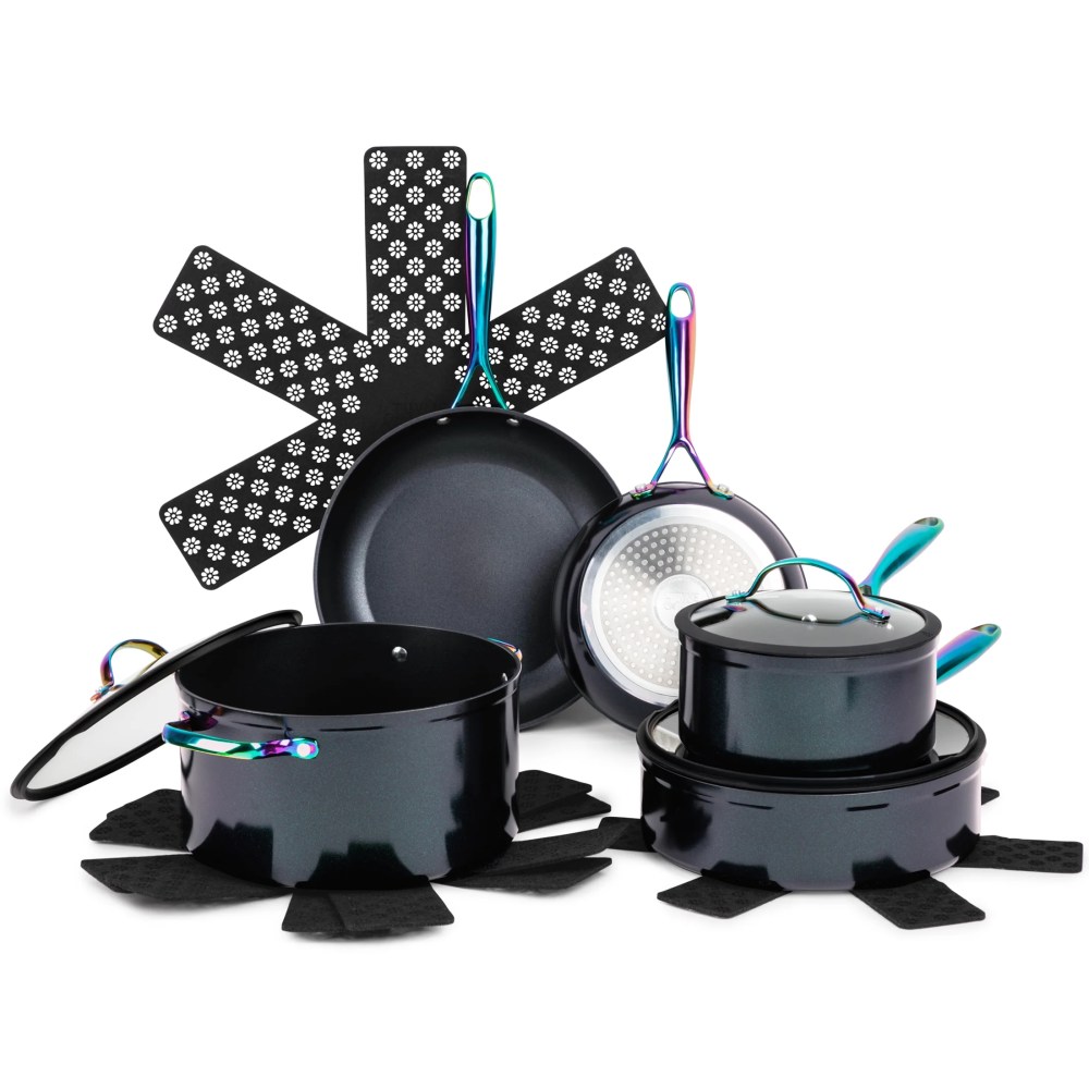 Thyme & Table 12-Piece Ceramic Non-Stick Cookware Set, Signature Collection, Non-Toxic Pots and Pans Set - Black Rainbow